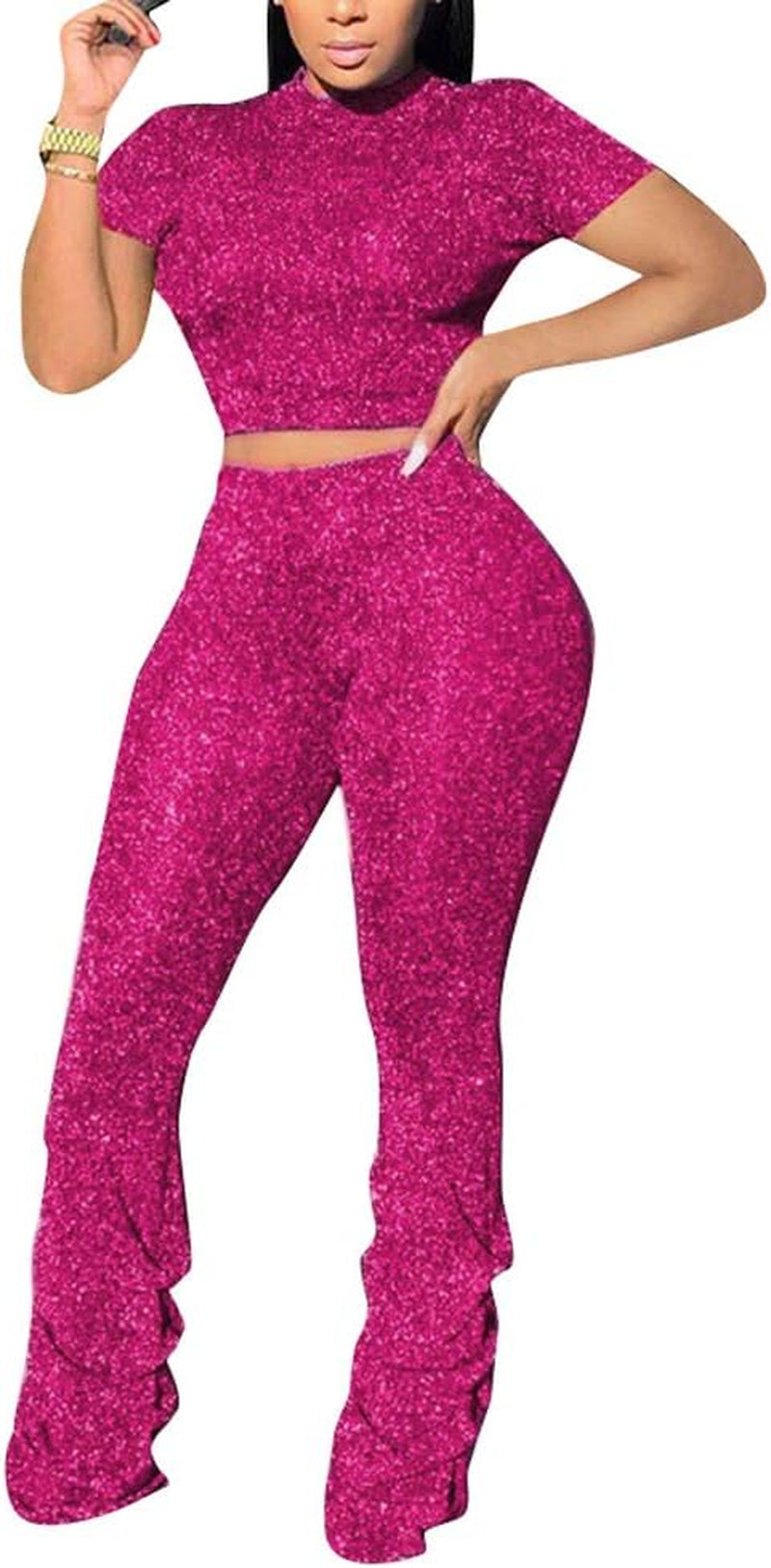 Sexy Club Outfits for Women Sequin Pants and Tops 2 Piece Bodycon Jumpsuits Sets Rose