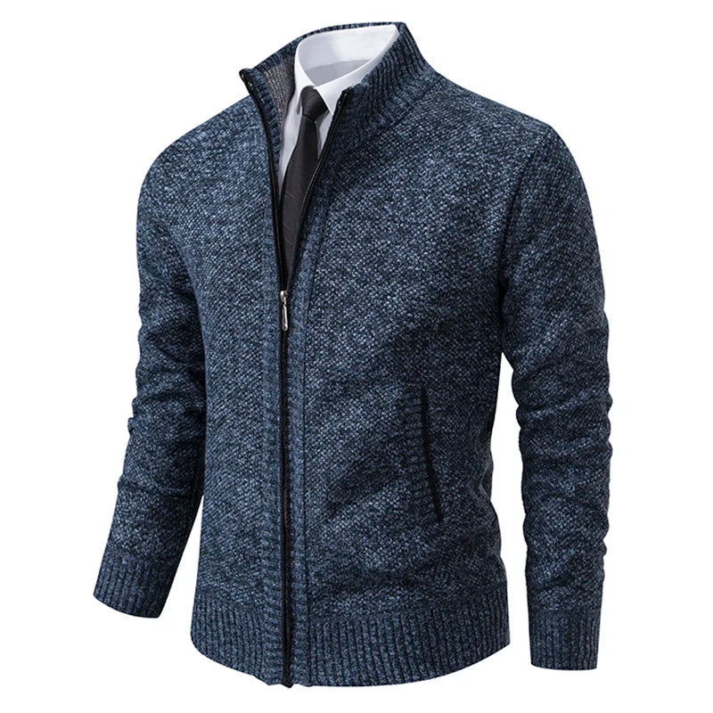 Autumn and Winter New Jersey Men'S Casual Sports Coat Solid Color Stand Collar Wweater Grab Fleece Warm Zipper Cardigan