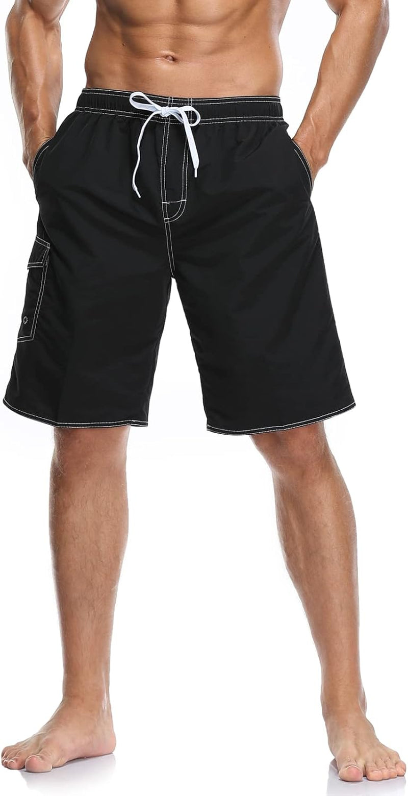 Mens Quick Dry Swim Trunks Striped Print Board Shorts with Mesh Lining,Black,L