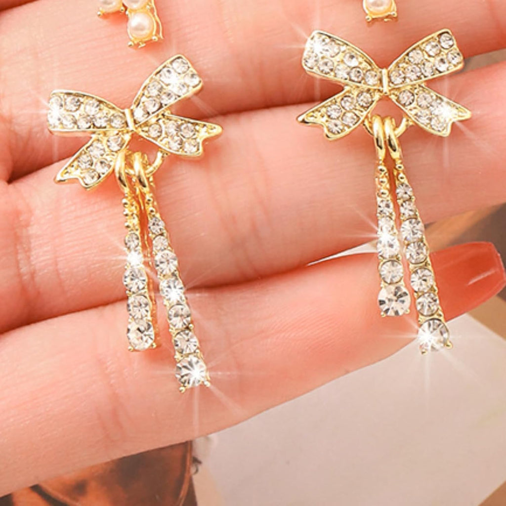 Bow Earrings for Women Pearl Bow Earrings Rhinestone Earring Gold Dangle Earring Christmas Jewelry Gifts Outfits Stocking Stuffers