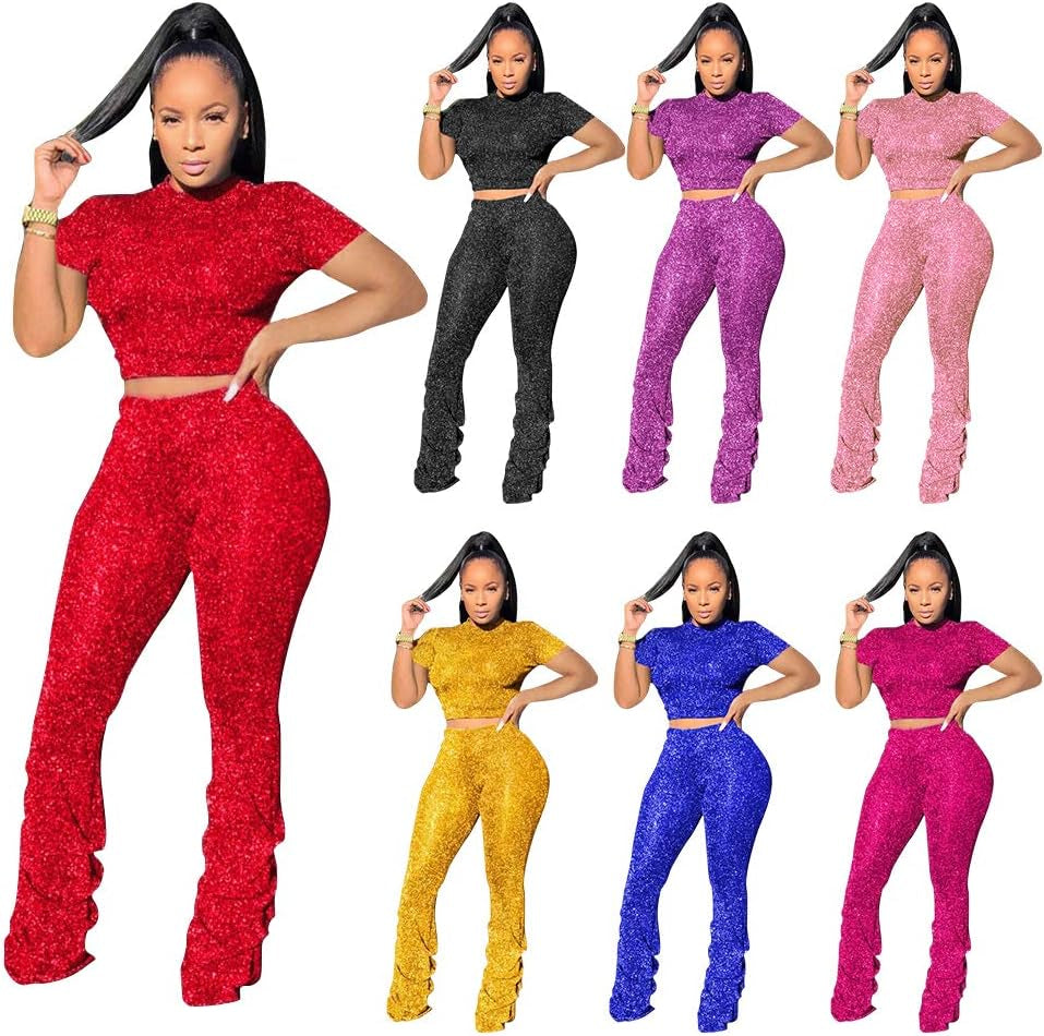 Sexy Club Outfits for Women Sequin Pants and Tops 2 Piece Bodycon Jumpsuits Sets Rose