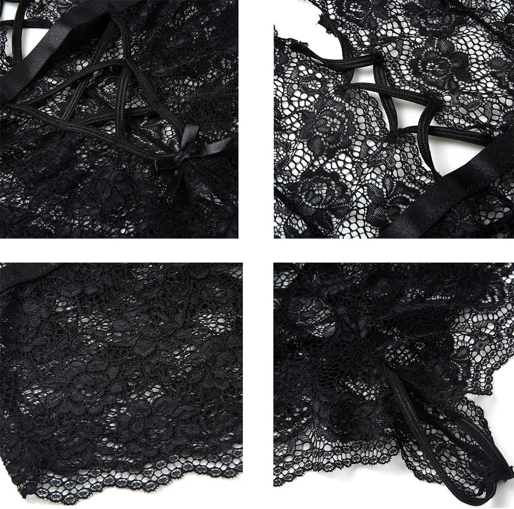 Women Lace Bodysuit Deep V Neck Dobby Mesh Body Suits Teddy Lingerie Black,M