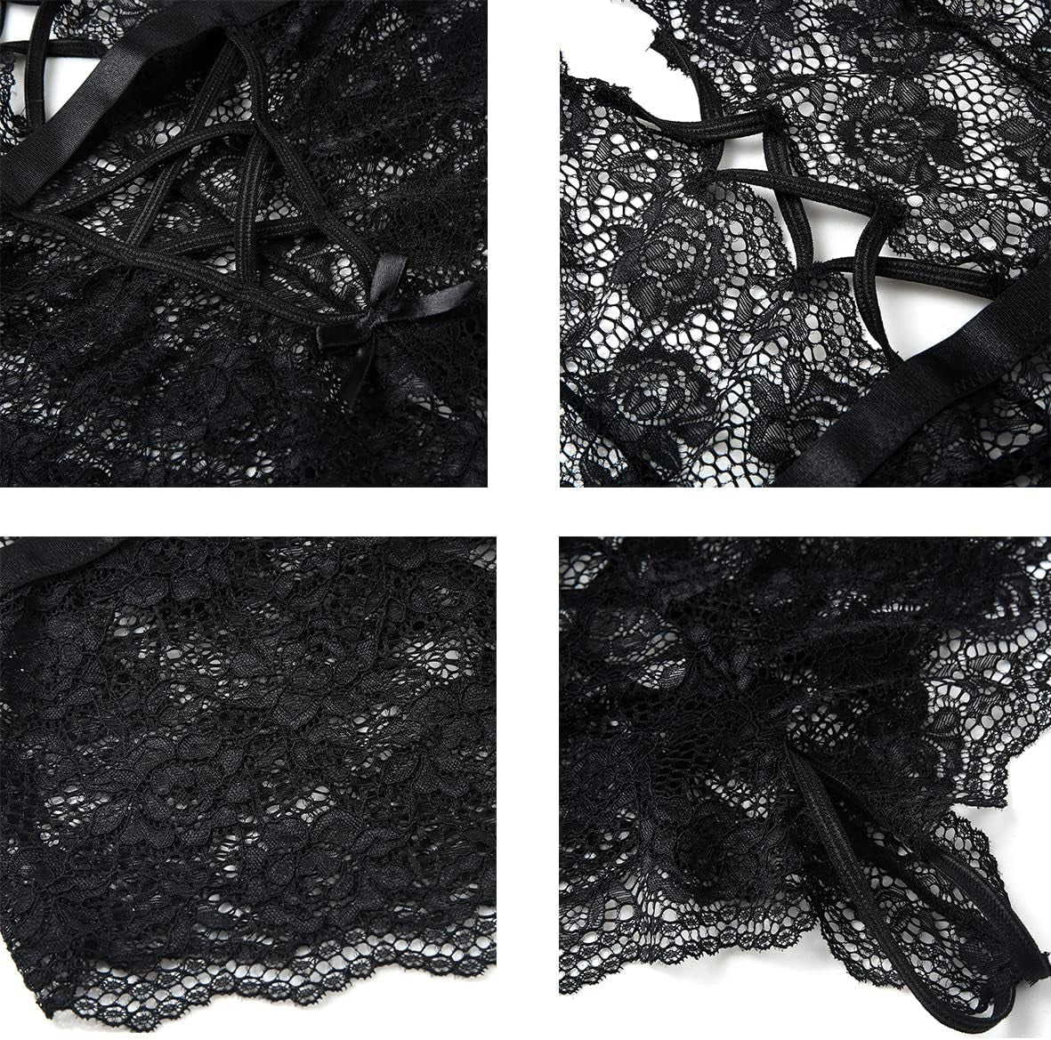 Women Lace Bodysuit Deep V Neck Dobby Mesh Body Suits Teddy Lingerie Black,M