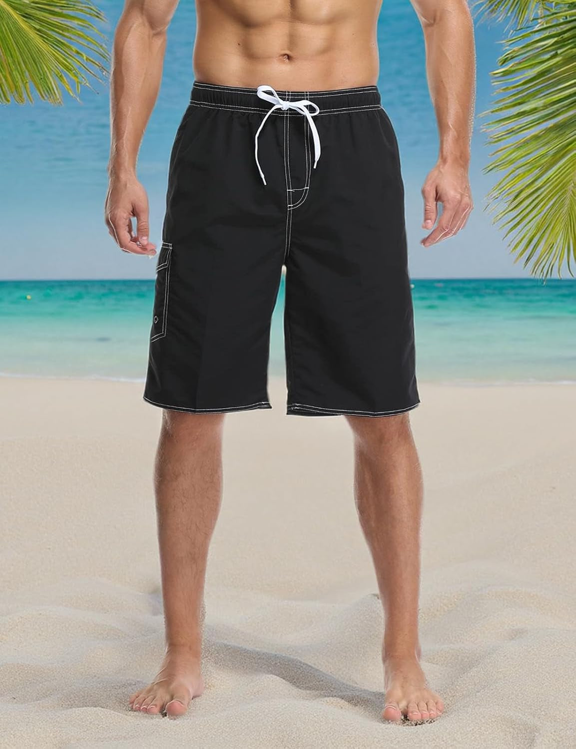 Mens Quick Dry Swim Trunks Striped Print Board Shorts with Mesh Lining,Black,L