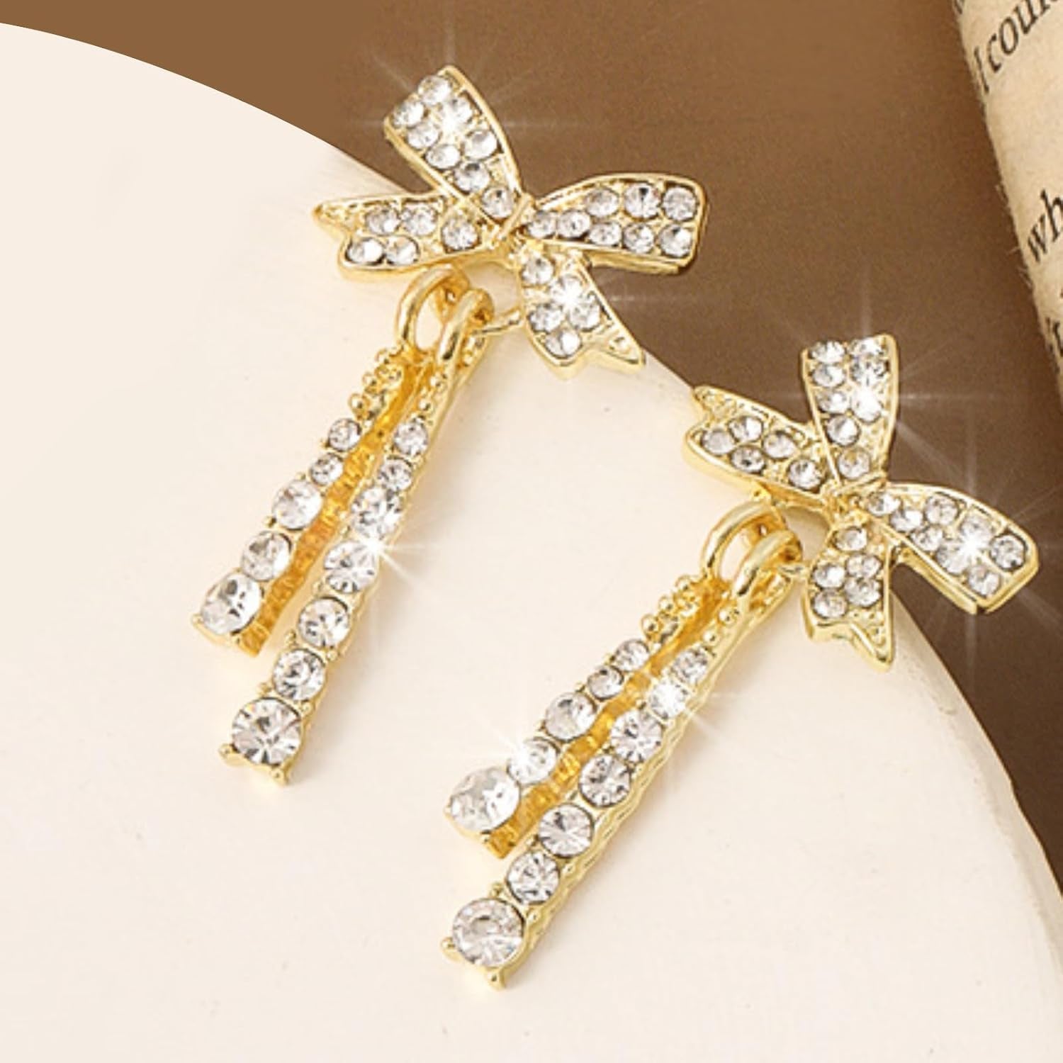 Bow Earrings for Women Pearl Bow Earrings Rhinestone Earring Gold Dangle Earring Christmas Jewelry Gifts Outfits Stocking Stuffers
