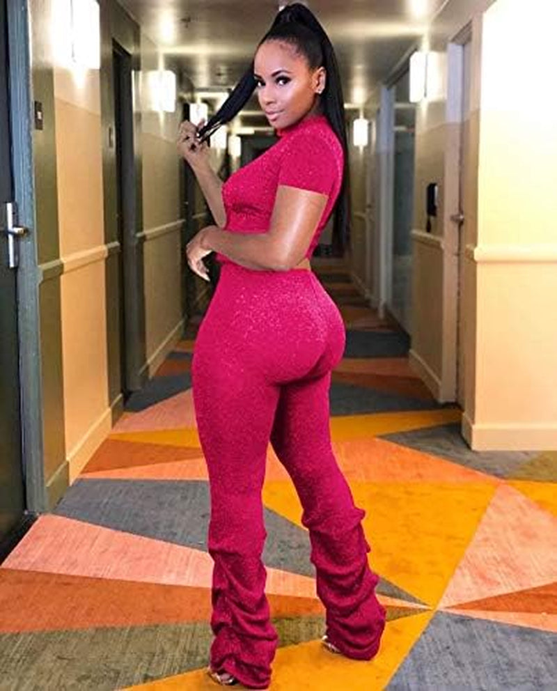 Sexy Club Outfits for Women Sequin Pants and Tops 2 Piece Bodycon Jumpsuits Sets Rose