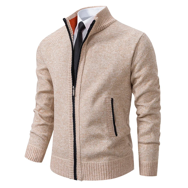 Autumn and Winter New Jersey Men'S Casual Sports Coat Solid Color Stand Collar Wweater Grab Fleece Warm Zipper Cardigan