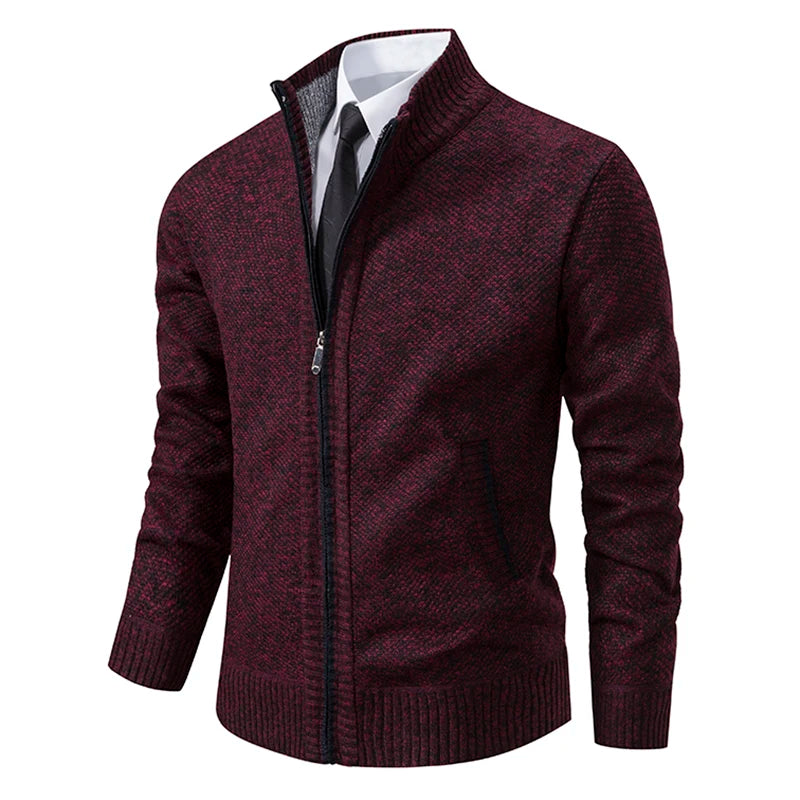 Autumn and Winter New Jersey Men'S Casual Sports Coat Solid Color Stand Collar Wweater Grab Fleece Warm Zipper Cardigan