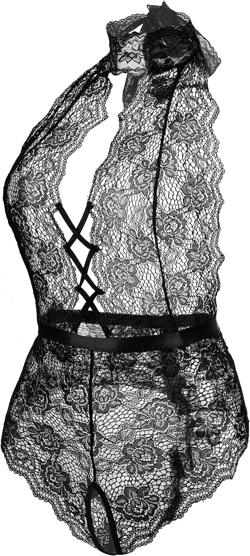 Women Lace Bodysuit Deep V Neck Dobby Mesh Body Suits Teddy Lingerie Black,M