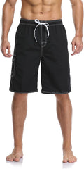 Mens Quick Dry Swim Trunks Striped Print Board Shorts with Mesh Lining,Black,L