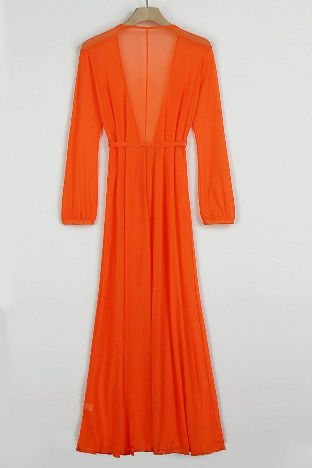 Women'S Long Sleeve Mesh Maxi Swimsuit Bathing Suit Tie Front Robe Cover up Blouse Orange L