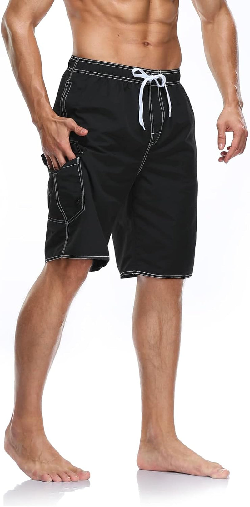 Mens Quick Dry Swim Trunks Striped Print Board Shorts with Mesh Lining,Black,L