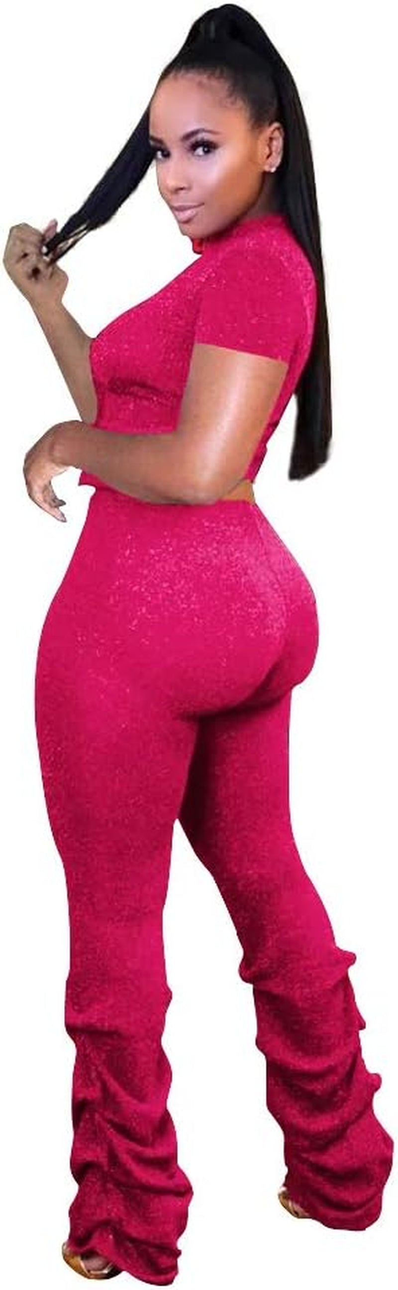 Sexy Club Outfits for Women Sequin Pants and Tops 2 Piece Bodycon Jumpsuits Sets Rose