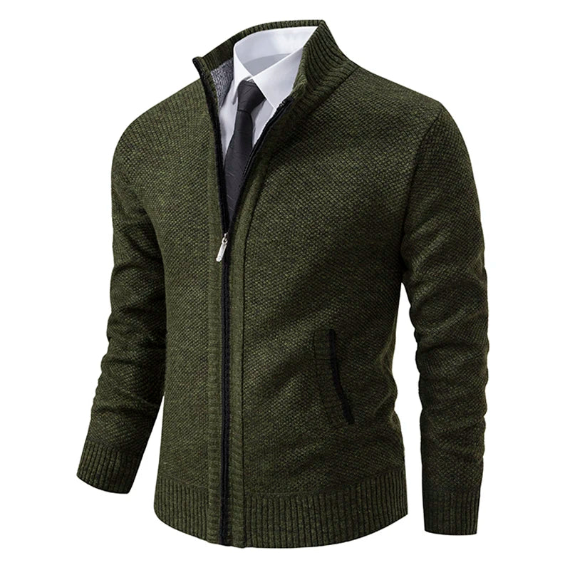 Autumn and Winter New Jersey Men'S Casual Sports Coat Solid Color Stand Collar Wweater Grab Fleece Warm Zipper Cardigan