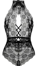 Women Lace Bodysuit Deep V Neck Dobby Mesh Body Suits Teddy Lingerie Black,M