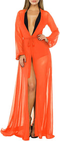 Women'S Long Sleeve Mesh Maxi Swimsuit Bathing Suit Tie Front Robe Cover up Blouse Orange L