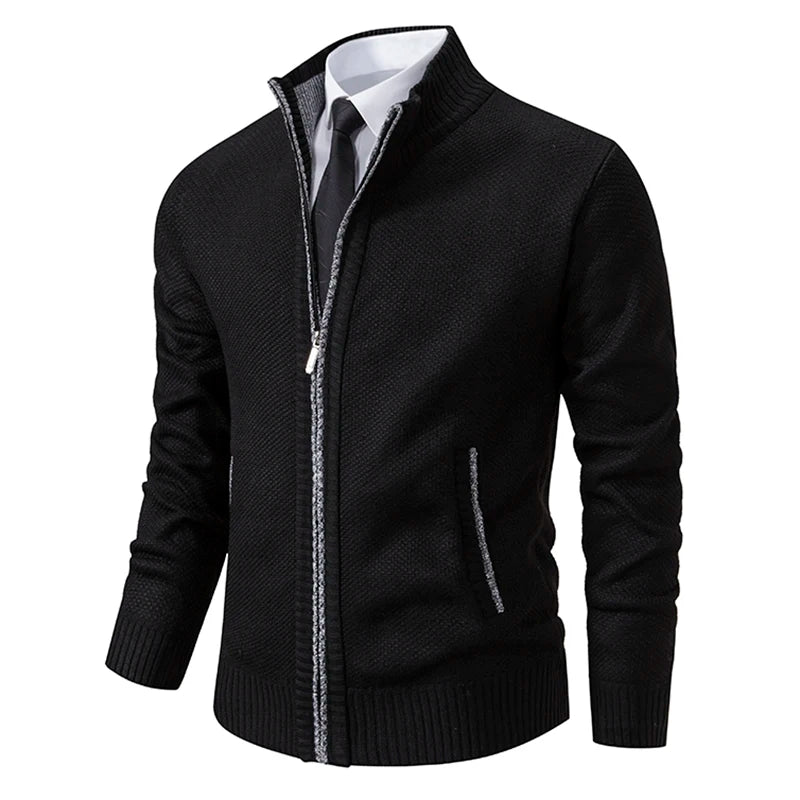 Autumn and Winter New Jersey Men'S Casual Sports Coat Solid Color Stand Collar Wweater Grab Fleece Warm Zipper Cardigan